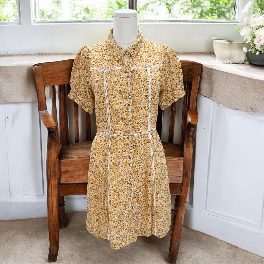 American Eagle Yellow Cottagecore‎ Prairie Floral Dress Romantic Spring Midi